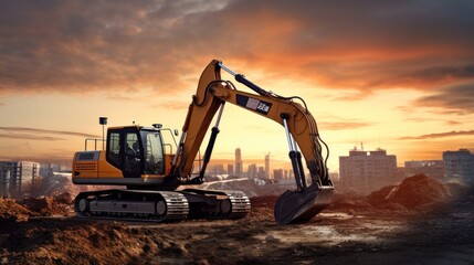  excavator in construction site on sunset sky background 