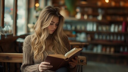 Portrait of beautiful woman reading a book in the cafe.