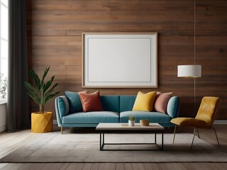 The elegant and well-designed living room mockup features solid color elements and white frames, providing a modern and inviting space for your creative copy. Generative AI