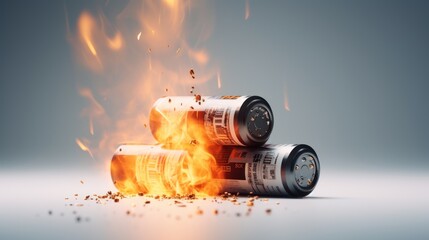 Fire covers battery ,Fire is burning the battery, it is dangerous to use the battery. - obrazy, fototapety, plakaty