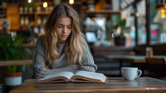 Portrait of beautiful woman reading a book in the cafe.