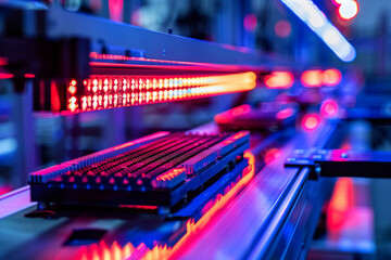 Obraz premium Close-up of precision engineering: AI-branded microchips move gracefully along the conveyor belt, destined to power the next generation of intelligent devices.