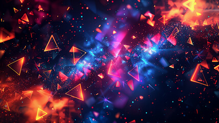 abstract pattern of neon triangles and stars scattered across a black background.