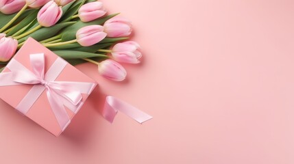 background for festival celebration,stylish pink giftbox with ribbon bow and bouquet of tulips 