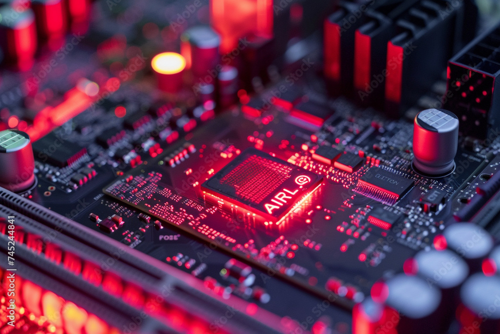 Aufkleber against a backdrop of technological sophistication, microchips labeled with 