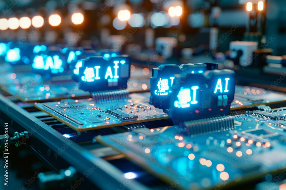 Aufkleber against a backdrop of technological sophistication, microchips labeled with 