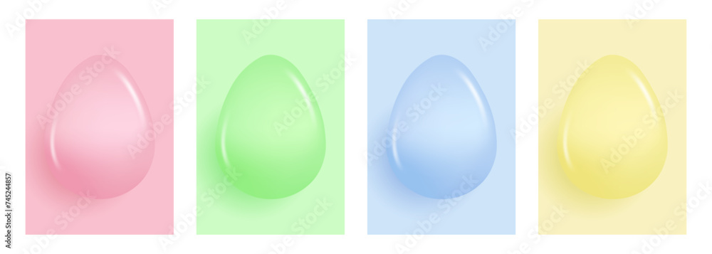 Poster 3d glossy eggs. Set of soft color gradient backgrounds with 3d eggs shapes for Easter holiday greetings and invitations. Vector illustration.