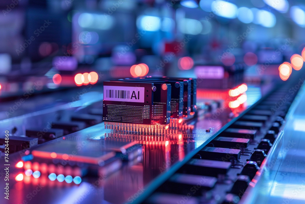Poster against a backdrop of technological sophistication, microchips labeled with 