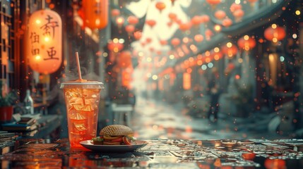 a hamburger and a drink are on a table in front of a street with lanterns
