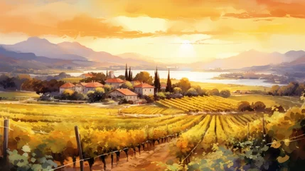 Fotobehang Generative AI Picturesque vineyards under golden sunlight. aquarelle © vadosloginov