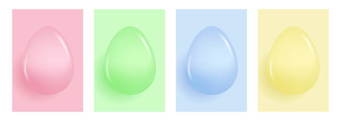 3d glossy eggs. Set of soft color gradient backgrounds with 3d eggs shapes for Easter holiday greetings and invitations. Vector illustration.