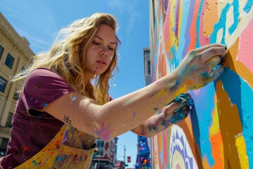 Young Caucasian Woman Artist Painting Colorful Mural on Urban Sidewalk