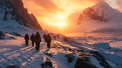 Fotobehang Generative AI Polar exploration, vivid orange skies, pristine snow, expedition team, high-definition Antarctic sunset © vadosloginov