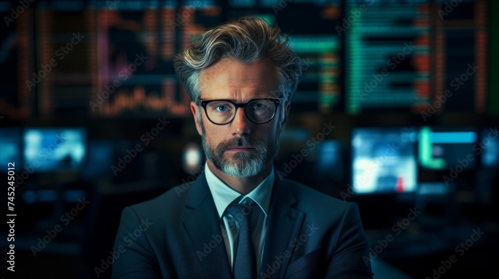 Poster Generative AI Portrait of a stockbroker at a trading desk, making trades, using multiple monitors and financial tools