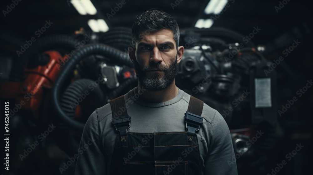 Poster generative ai portrait of an auto mechanic holding a timing belt, explaining maintenance, expertise 