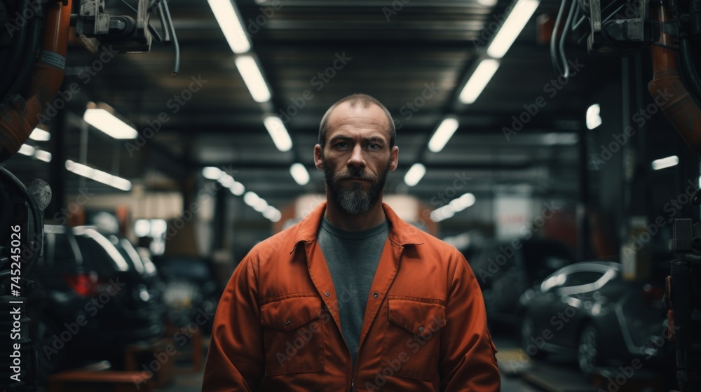 Poster Generative AI Portrait of an auto mechanic with engine parts, conducting diagnostics, showcasing technical skills in a garage setting