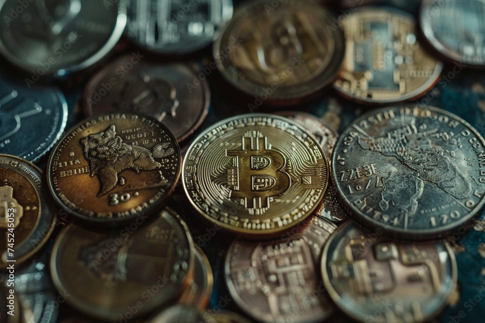 Aufkleber close-up of a bitcoin coin positioned alongside various coins, representing the convergence of conve