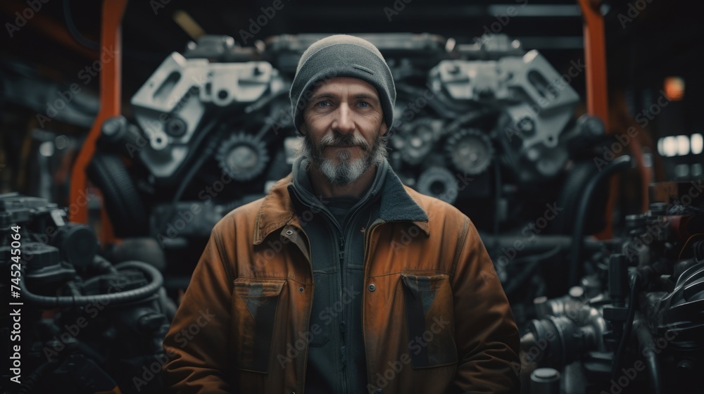 Poster generative ai portrait of an auto mechanic with engine parts, explaining repairs, communication and 