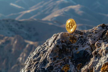Against the backdrop of rugged terrain, a golden Bitcoin coin rests atop a mountain, a tangible representation of financial innovation reaching new heights.
