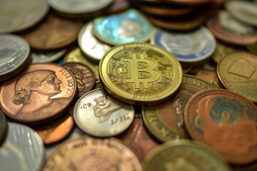 Amidst a sea of traditional currencies, a solitary Bitcoin coin stands out on the table, a testament to the future of finance.