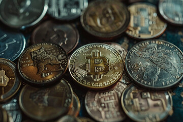 Close-up of a Bitcoin coin positioned alongside various coins, representing the convergence of conventional and digital currency systems.