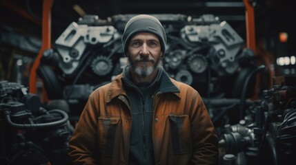 Generative AI Portrait of an auto mechanic with engine parts, explaining repairs, communication and expertise showcased in a garage