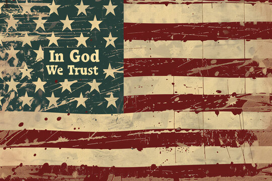Worn American flag background with stars and "In God We Trust" text