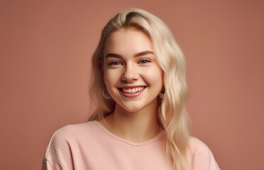 portrait of smiling blonde girl isolated on pink background in studio. generative AI