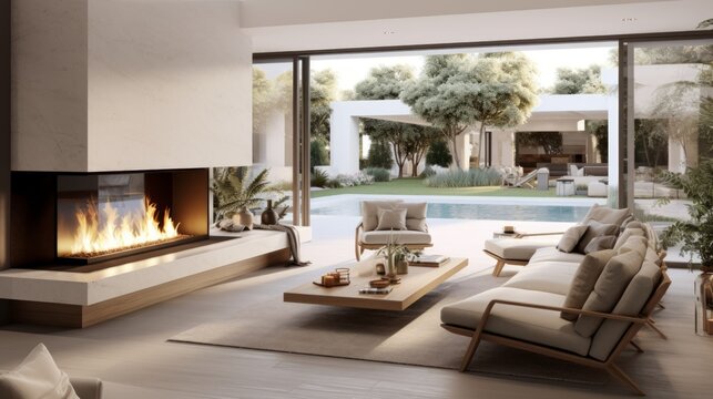 Realistic photo of an open-concept living room with a double-sided fireplace, connecting indoor and outdoor spaces, modern furnishings, bright and airy ambiance Generative AI