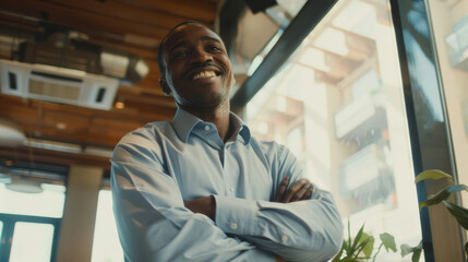 Fototapeta premium A confidently smiling man in business attire stands with arms crossed in an office setting.