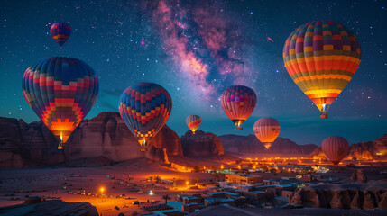 Al Ula's . colourful balloons fly over the UNESCO World Heritage Site and ancient city of Hegra, creating a magical view for those both in the air and on the ground. - obrazy, fototapety, plakaty