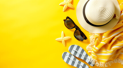 Beach accessories - sunglasses, flip flops, towel, hat - yellow background.