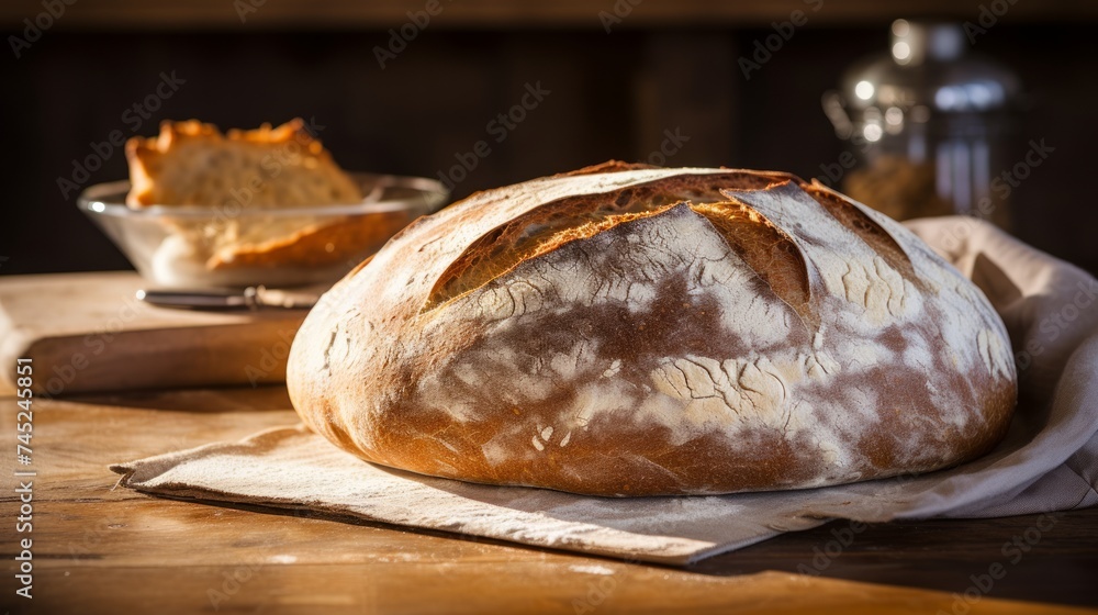 Poster Generative AI Rustic farmhouse bread, showcasing scoring patterns and flour-dusted surfaces for an authentic look