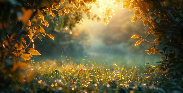 meadow in summer, encircled by a natural frame of varied grass and leaf types, all under the soft, warm glow of morning sunlight.