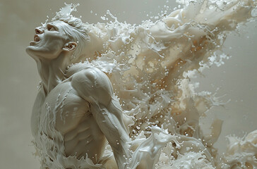 Dynamic sculpture of a man with water splashing around him, conveying a sense of movement and transformation.