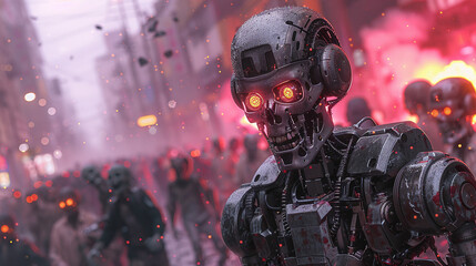 Fototapeta premium Futuristic robot uprising, cyborgs with red eyes marching through a dystopian city with smoke and dramatic lighting.