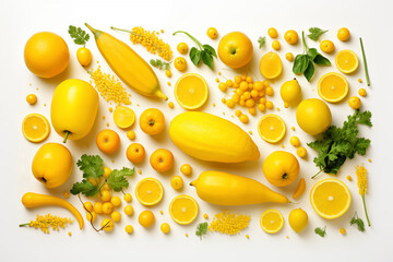 Nutritious Meals backdrop, fruits and vegetables. Yellow background. Veganism, vegetarianism. Healthy Eating. Clean food.