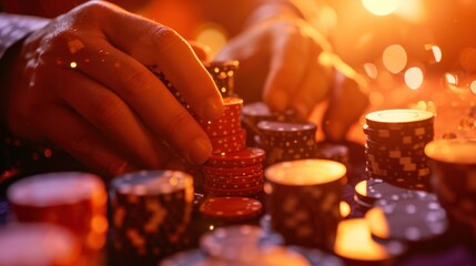 casino, gambling, poker, people and entertainment concept - close up of poker player with chips