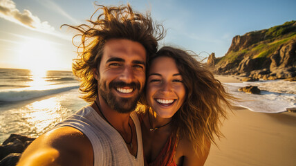 Happy couple taking selfie together at beach. Young couple on vacation on the beach. Happy couple hugging and laughing together at the beach. Young couple on the sea coast.