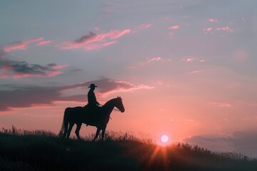 Silhouette of a Cowboy Riding Horse at Dusk with Pastel Sunset Sky