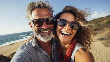 Happy аdult couple taking selfie together at beach. Adult couple on vacation on the beach. Happy couple hugging and laughing together at the beach. Adult couple on the sea coast. - 745246246