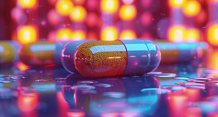 Close-up of a colorful capsule pill with a vivid bokeh background in a medical or pharmaceutical concept.