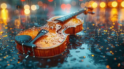 A violin with water droplets on a reflective surface with rain and bokeh lights.