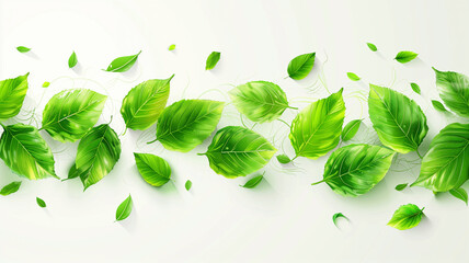 A series of delicate green leaves flying across a white background, designed for air purifier advertising. - obrazy, fototapety, plakaty
