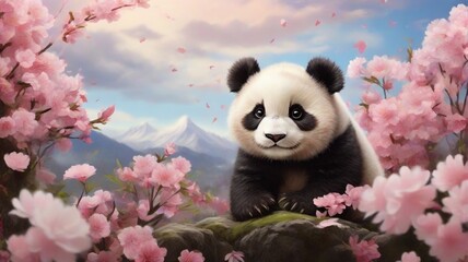 A panda baby sitting in a blooming sakure view background sky
