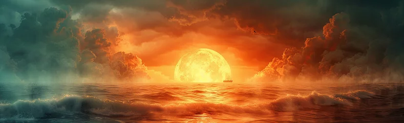 Tuinposter Reflectie Dramatic ocean sunset with vibrant orange and red skies reflecting on tranquil water.