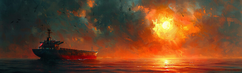 Silhouette of a ship at sea with a dramatic sunset sky, showcasing vibrant orange and red hues reflecting on the water.