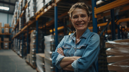 Confident warehouse manager with a friendly smile, standing proudly in her work environment.