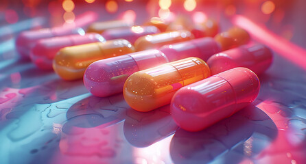 Colorful capsules on a reflective surface with a soft focus background, highlighting pharmaceutical concepts. - obrazy, fototapety, plakaty