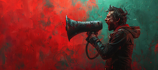Post-apocalyptic survivor with a gas mask holding a megaphone against a red smoky background.